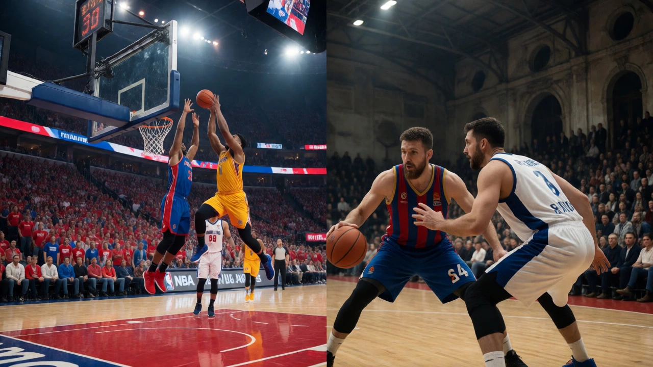 Split view comparing NBA arena energy with European tactical play