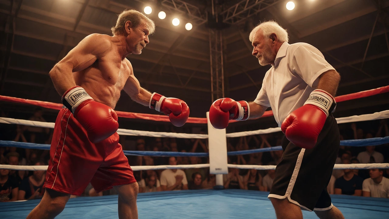 Veteran boxers in a relaxed exhibition bout with large gloves