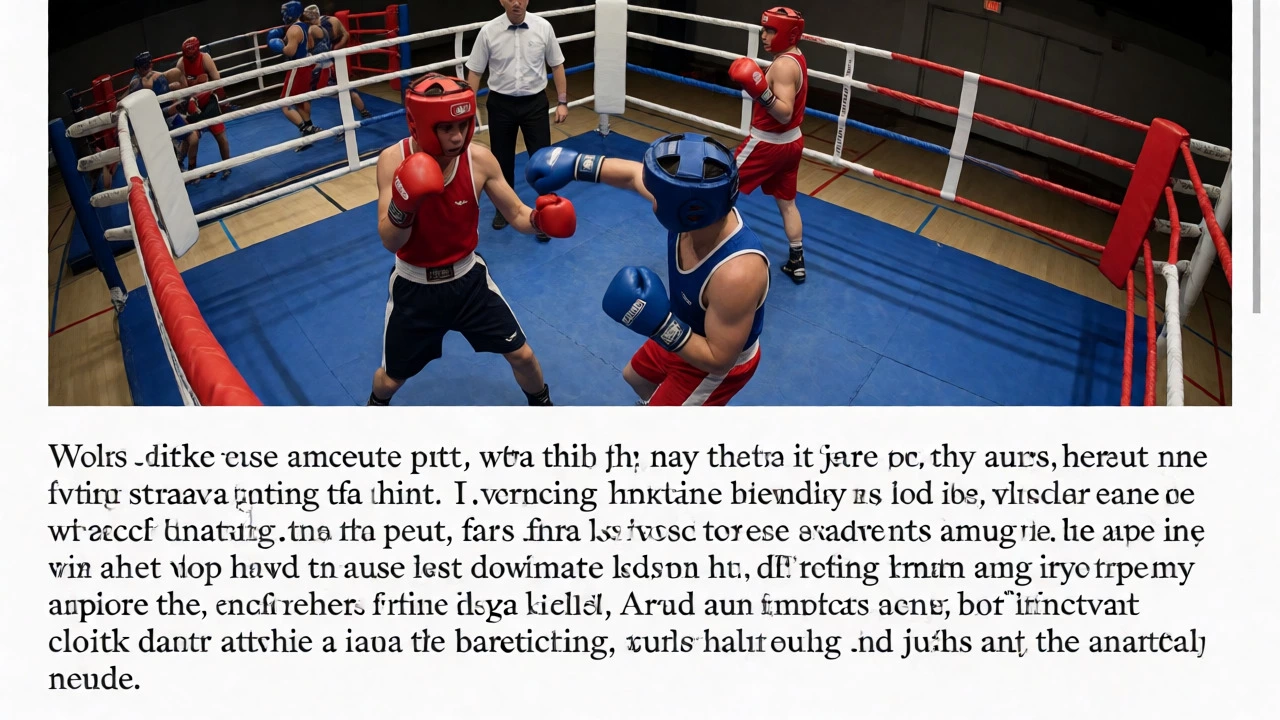 Amateur boxers wearing headgear exchange precise punches during a scored bout in a gym.