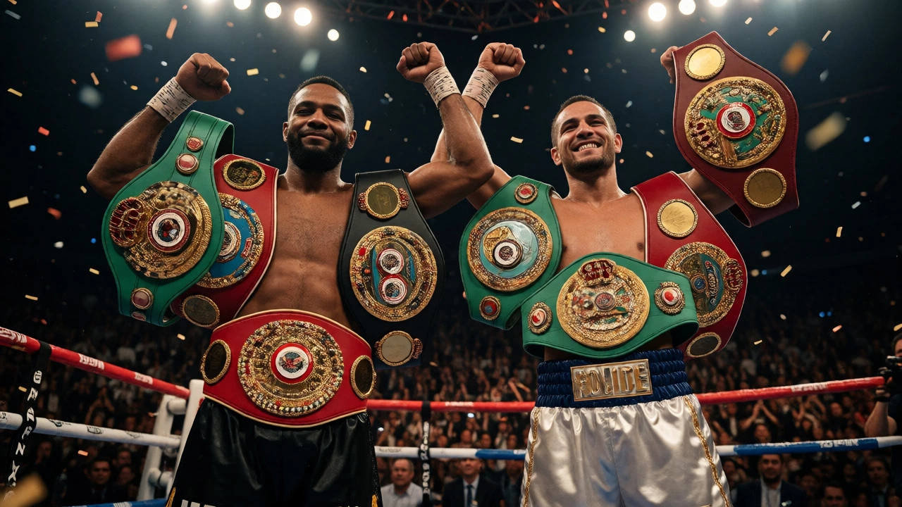 Champion boxers hold up multiple gold belts after winning a high-stakes unification bout.