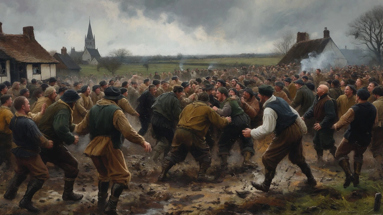 Chaotic medieval mob football match with hundreds of villagers scrambling for the ball.