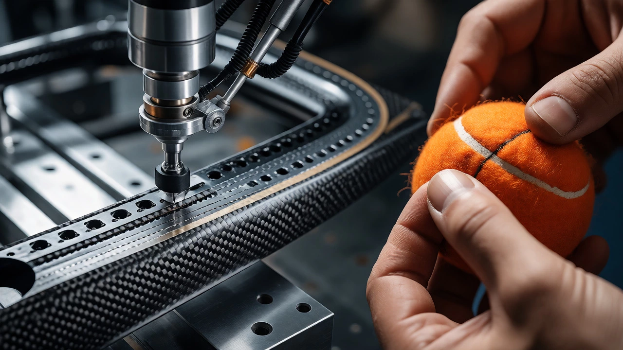 Close-up of automated bike frame assembly and manual tennis ball stitching