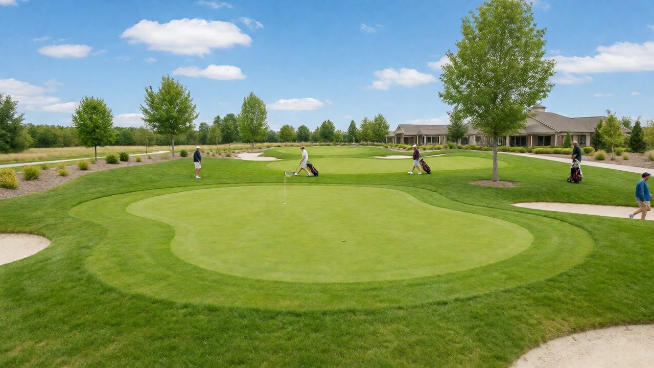 Compact executive golf course with players focusing on short game shots