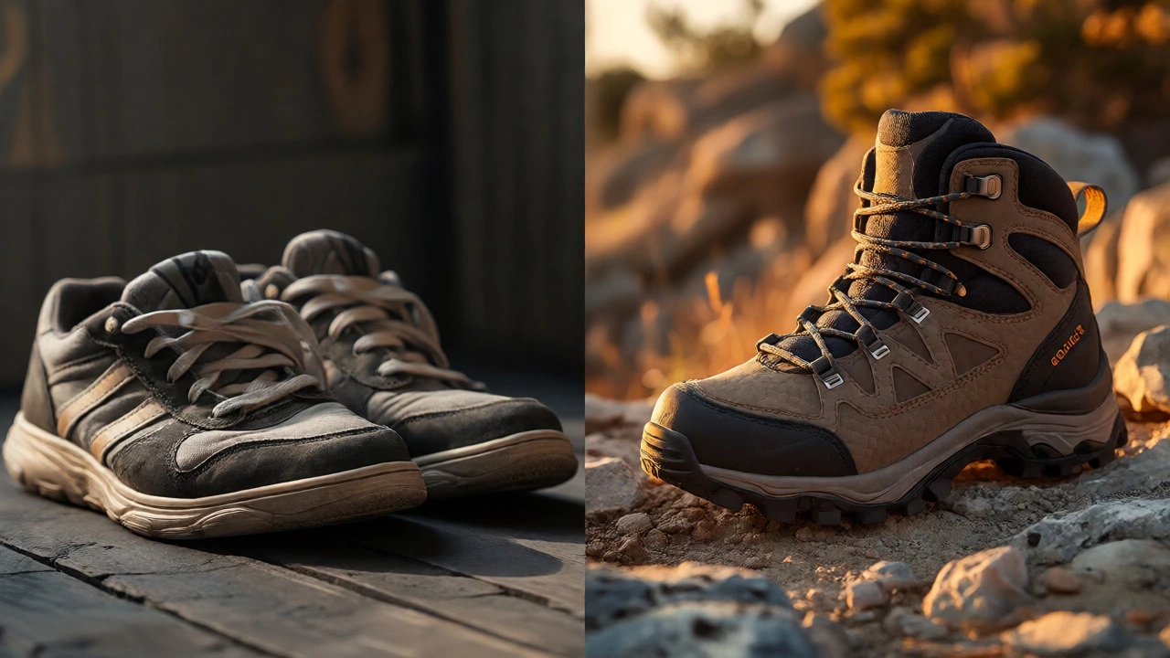 Comparison of worn-out generic sneakers versus durable high-end hiking boots.