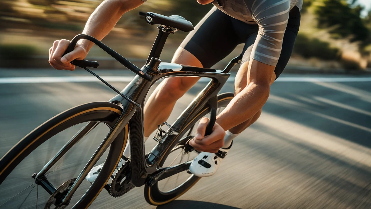 Cyclist riding a lightweight carbon fiber road bike at high speed.