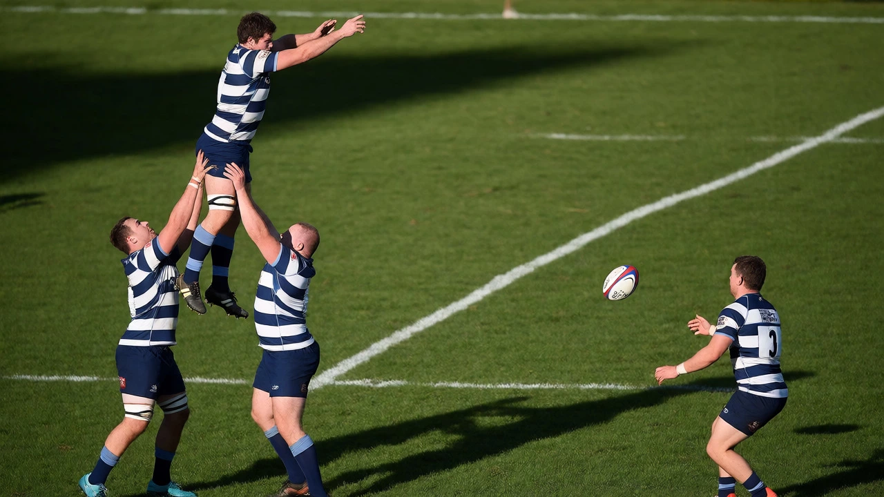 Decoy jumper in the air while another player catches the ball near the ground.
