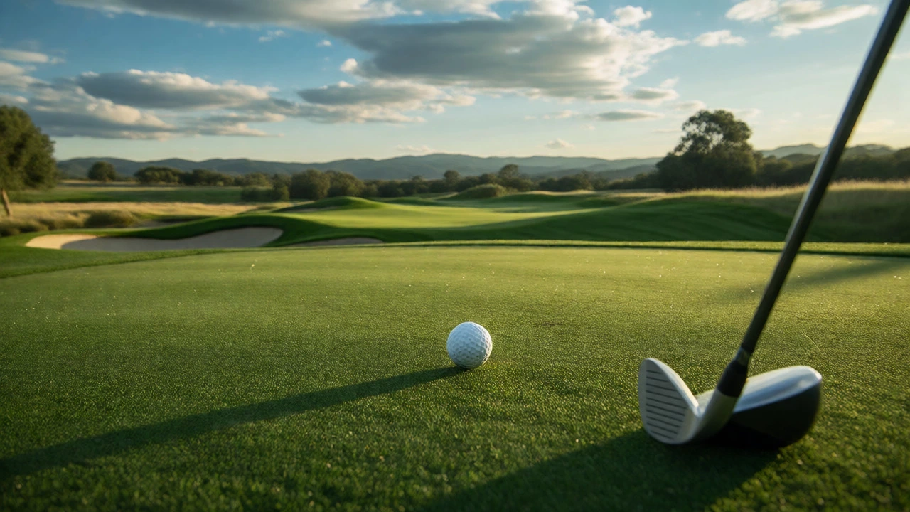 Golf ball on fairway approaching par 4 green