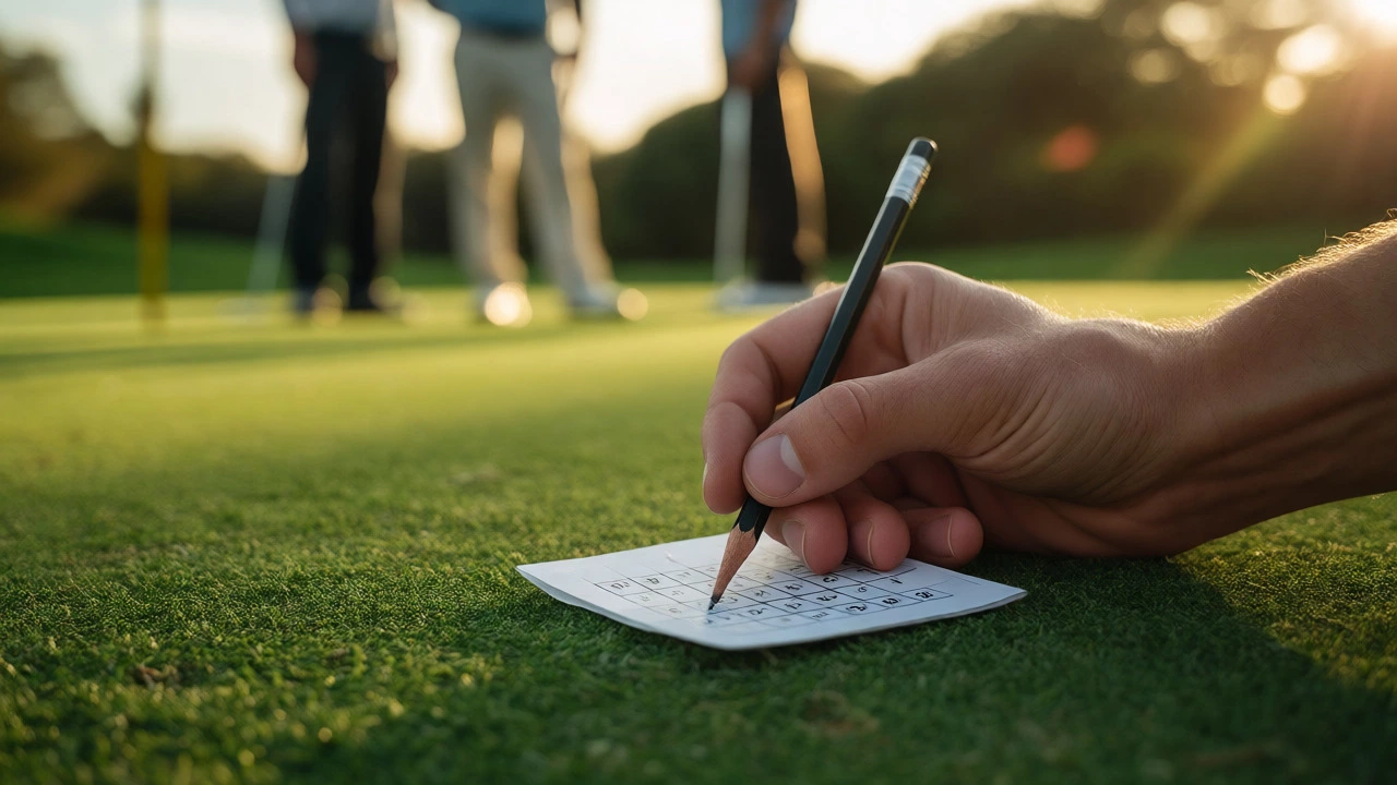 Hand marking score on card near golf green