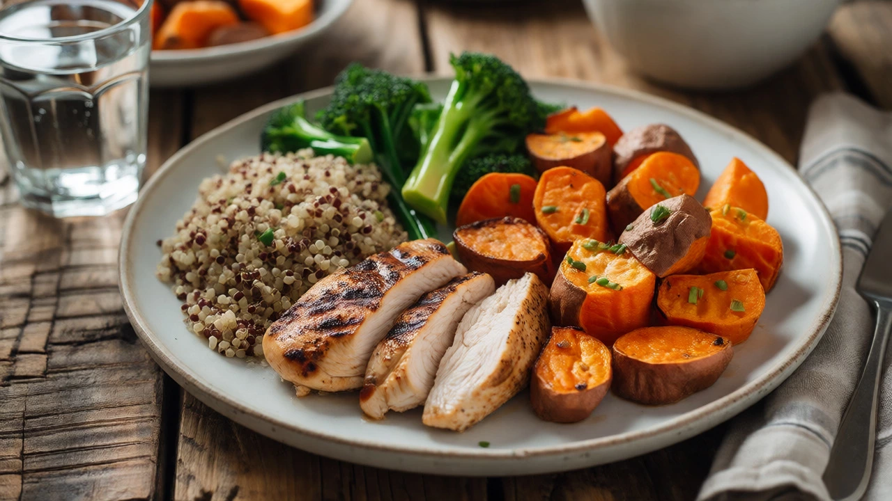 Healthy meal plate with chicken, quinoa, and vegetables next to water
