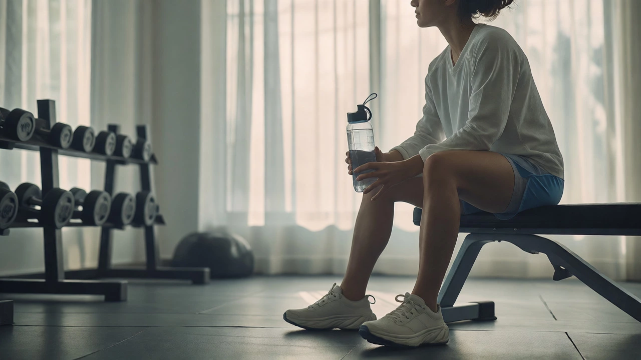 Individual resting calmly on a gym bench