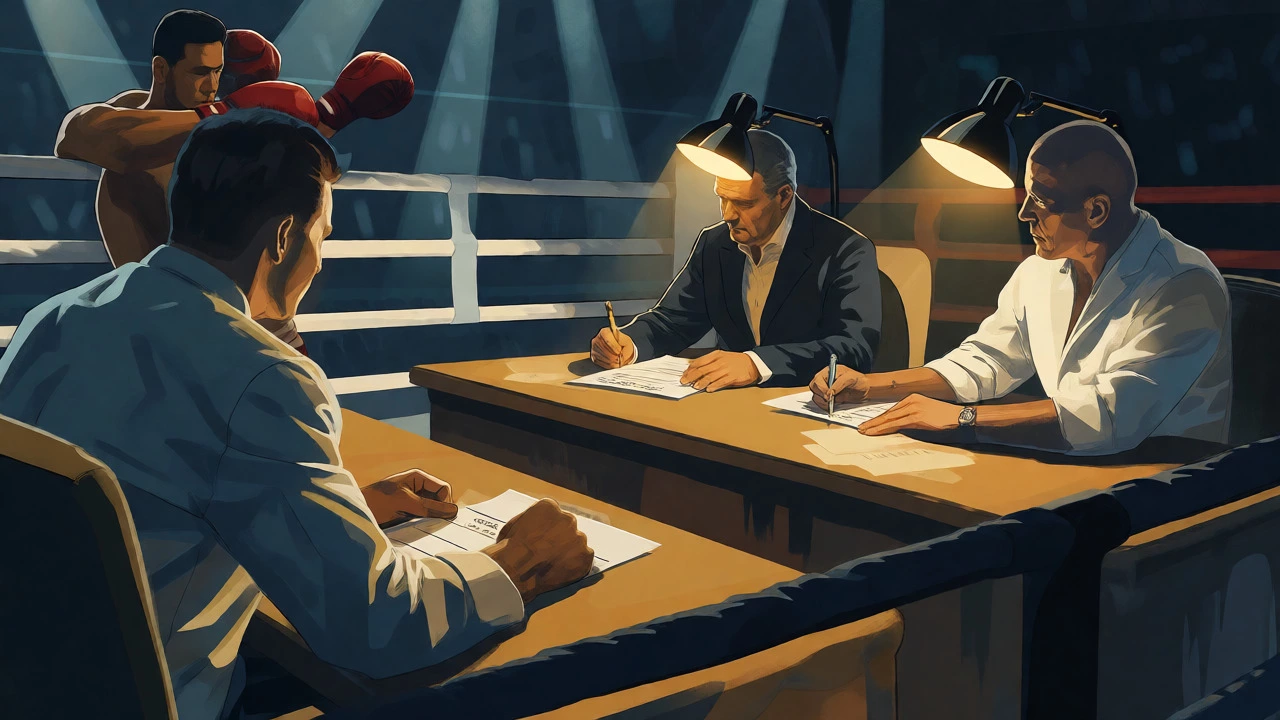 Judges scoring a boxing match decision at ringside