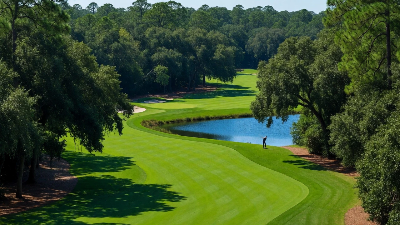 Lush parkland course with trees, water hazards, and a golfer swinging
