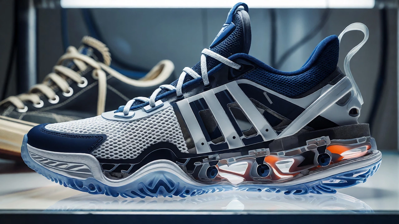 Macro shot revealing the technical layers and cushioning inside a performance basketball shoe next to a vintage canvas sneaker.
