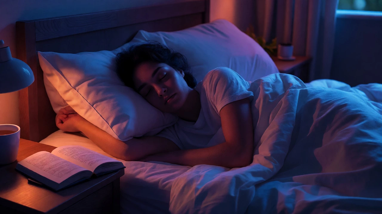 Person sleeping peacefully in a dim, cozy bedroom with a book