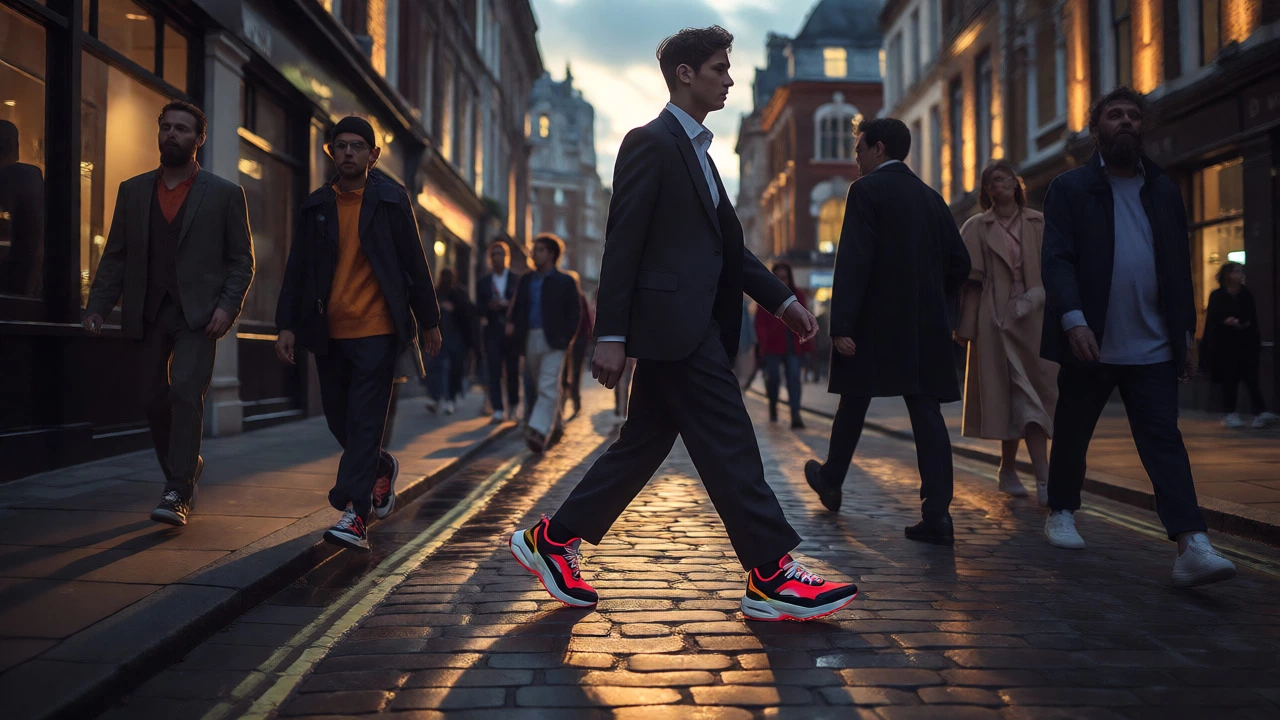 Professional in a suit wearing bold designer sneakers while walking through a rainy, illuminated London street at dusk.