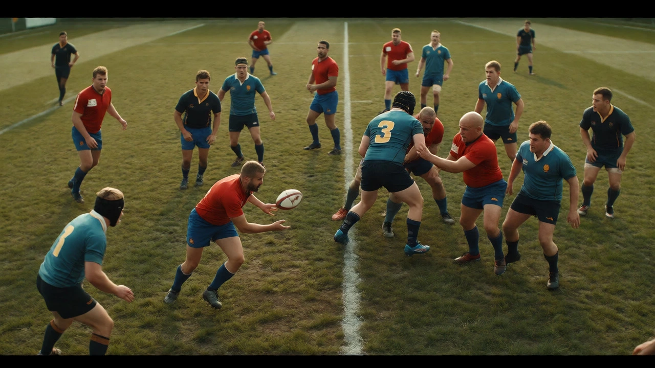 Scrum-half distributing the ball after a successful lineout lift in rugby.