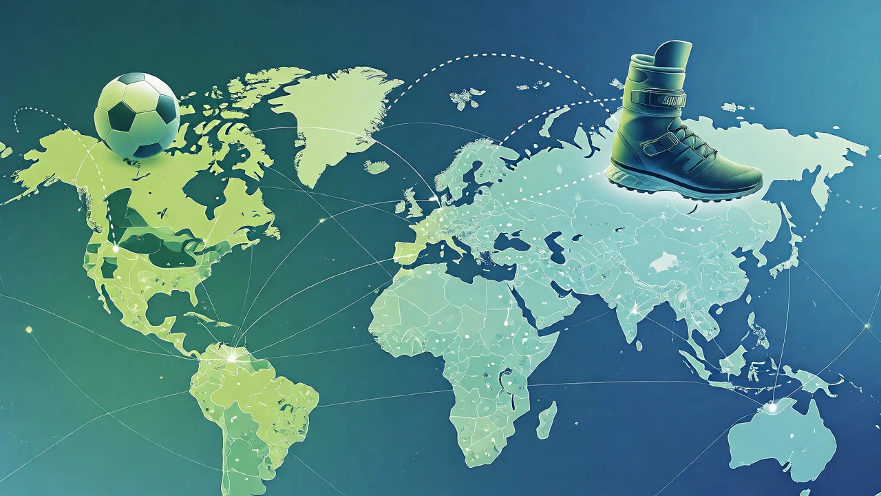 Stylized world map illustrating global sports equipment supply chains