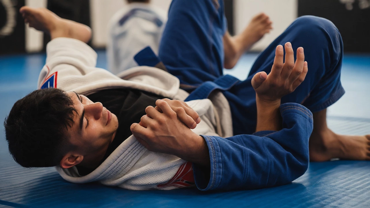 Two BJJ practitioners rolling on mats during a cooperative ground drill.