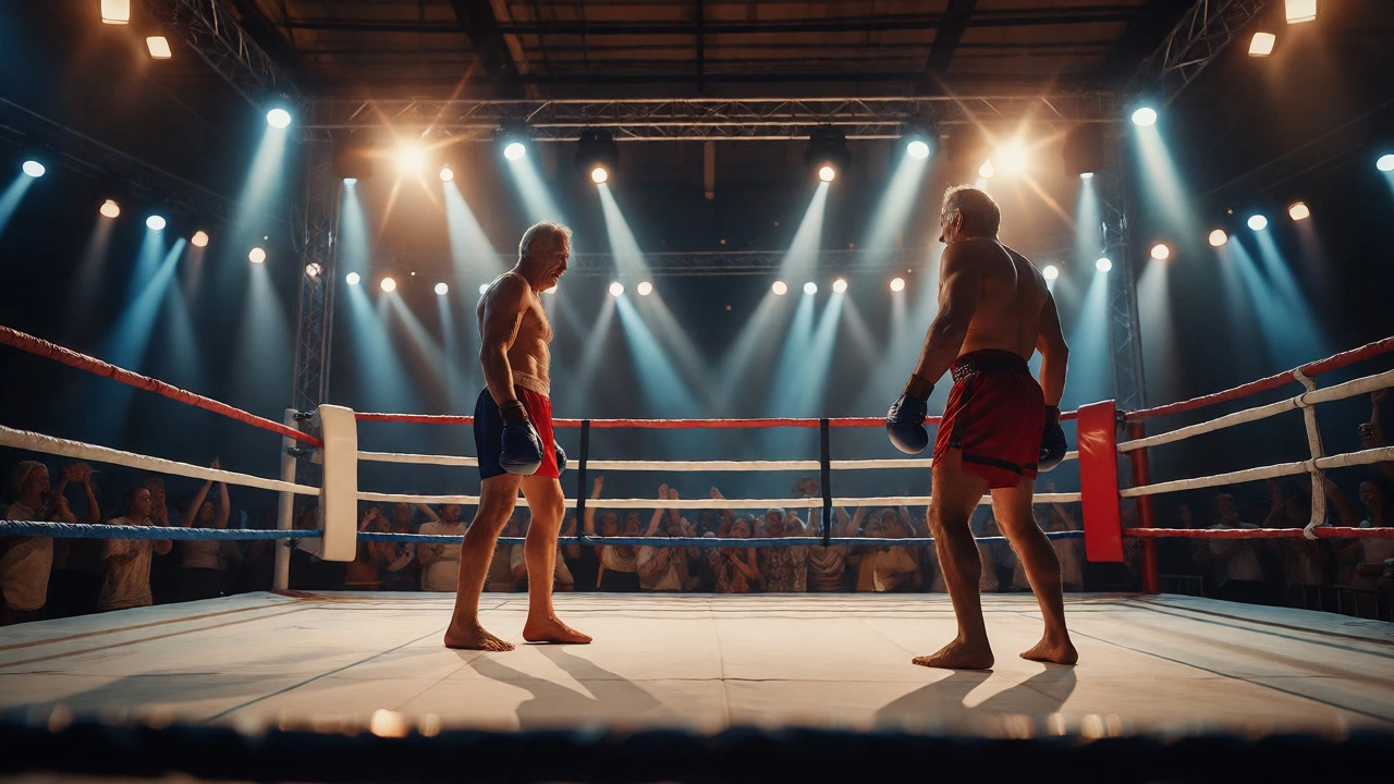 Veteran fighters performing an exhibition match in a brightly lit arena.