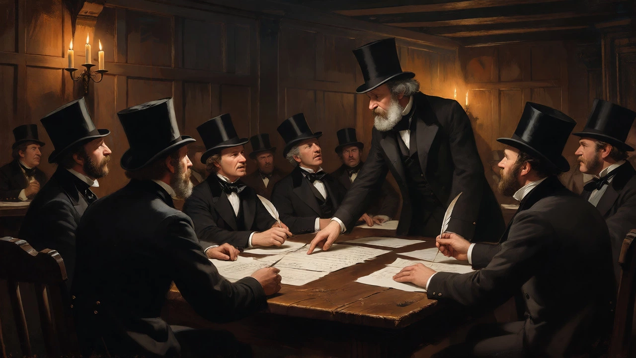 Victorian gentlemen debating rules at the 1863 Freemasons’ Tavern meeting founding the FA.
